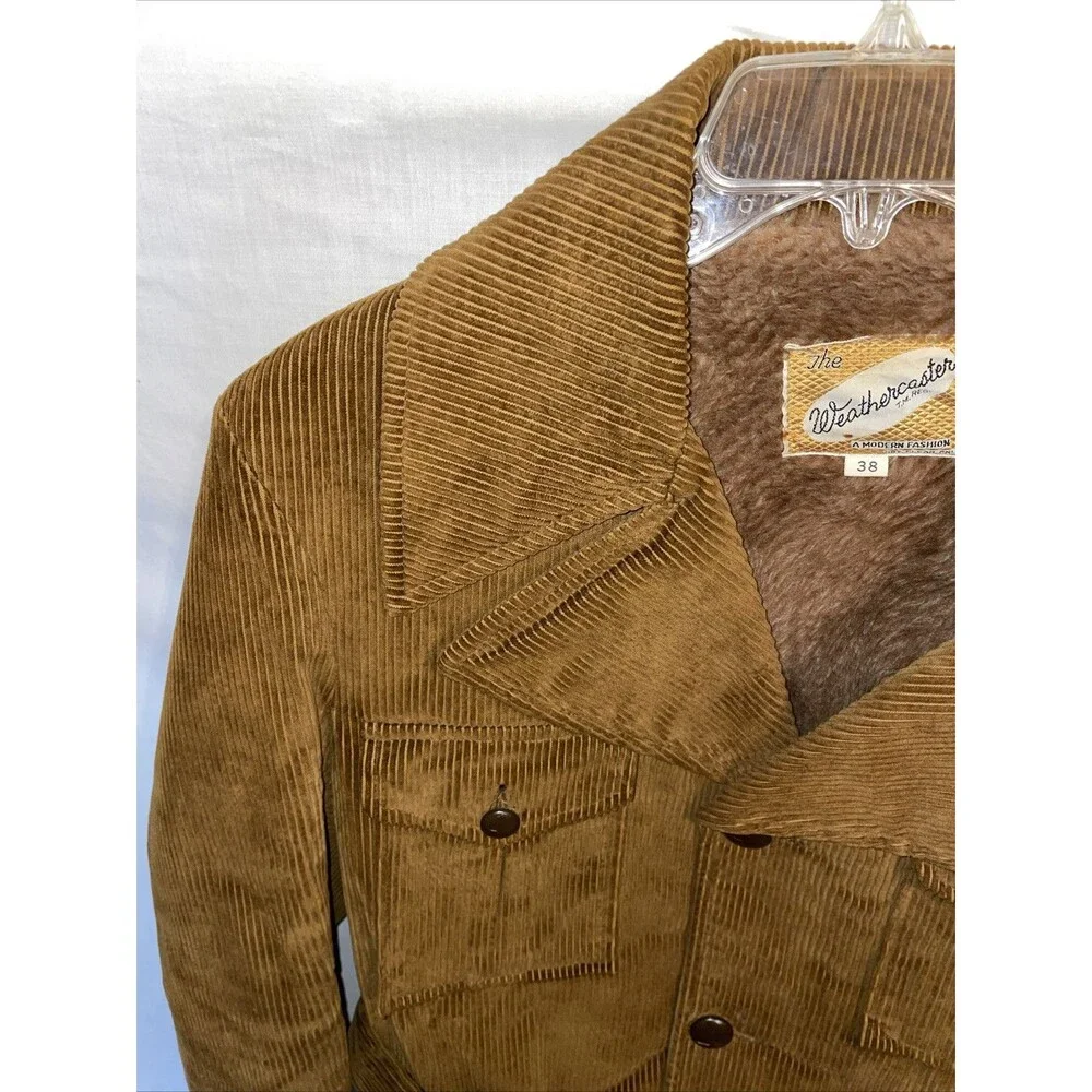 Weathercaster Men’s Corduroy Coat Size Medium Brown Fleece Lined Belted Outdoors - Picture 5 of 12